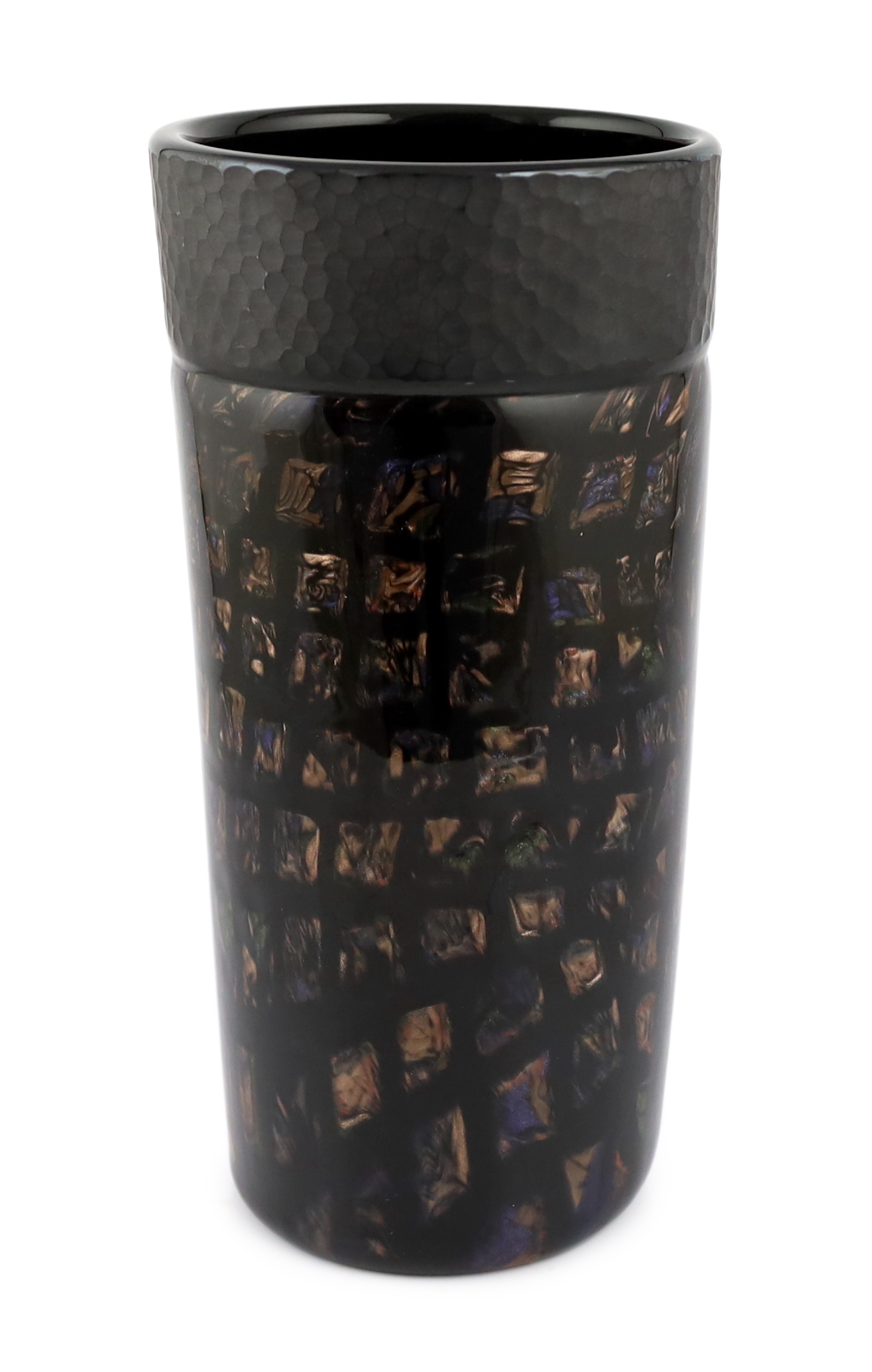 Vittorio Ferro (1932-2012) A tall Murano glass Murrine vase, with bronze squares on a black ground, beneath a battuto banded rim, unsigned, 34cm, Please note this lot attracts an additional import tax of 20% on the hamme